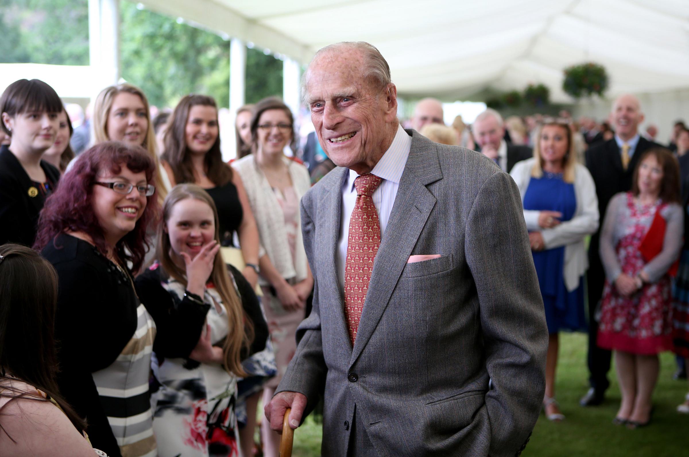 Duke of Edinburgh attending the Presentation Reception for The Duke of Edinburgh Gold Award holders in the gardens at the Palace of Holyroodhouse in Edinburgh in 2017.