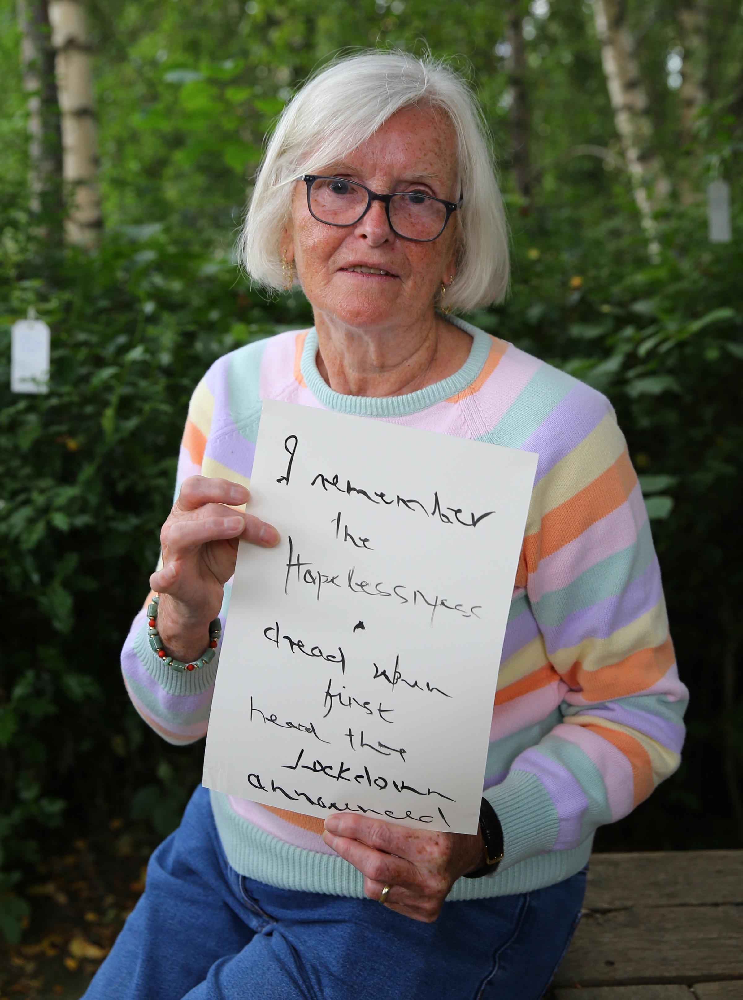 Herald covid memorial campaign, I Remember open day at the Hidden Gardens, Glasgow. Pictured is Margaret Carlyle with her I Remember contribution. Photograph by Colin Mearns.