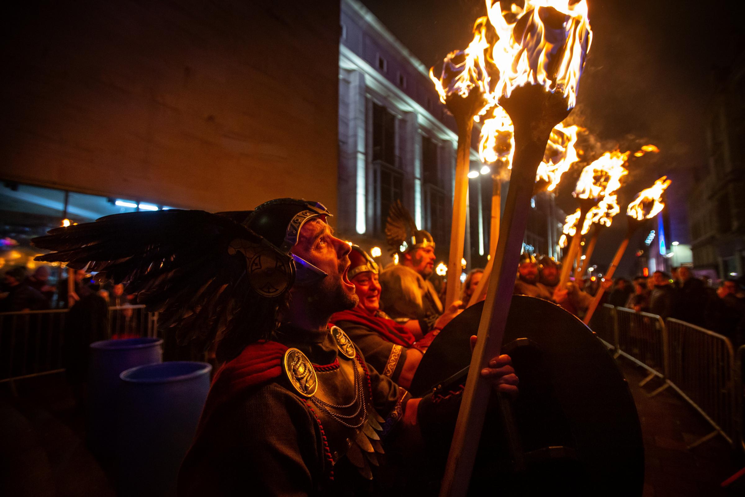 Shetland Vikings pictured at the Glasgow Royal Concert hall steps to officially open the Celtic Connections music festival. Photograph by Colin Mearns.