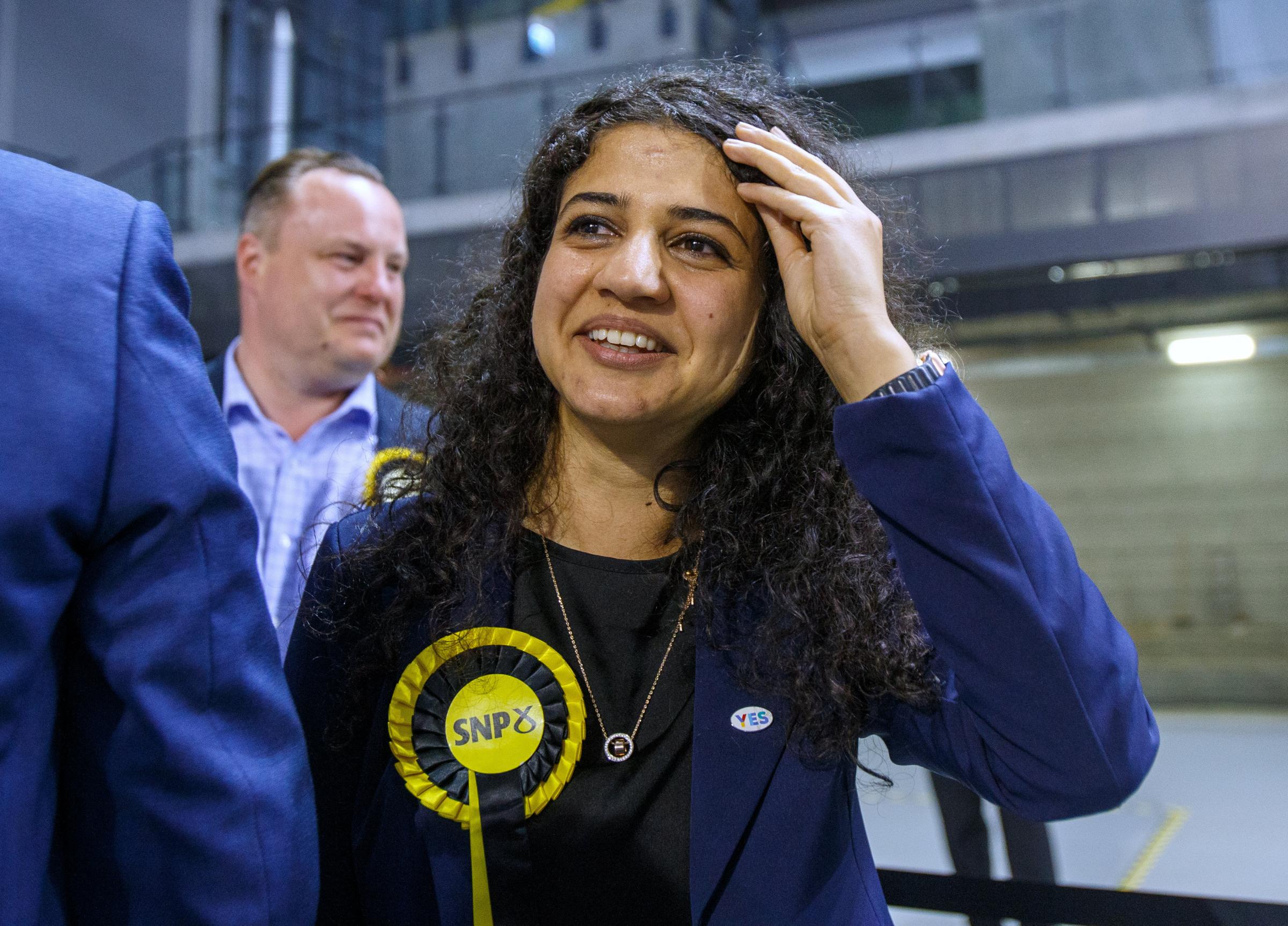 Newly elected Roza Salih celebrating after becoming SNP councillor for the Greater Pollok ward for Glasgow City Council. Photograph by Colin Mearns.