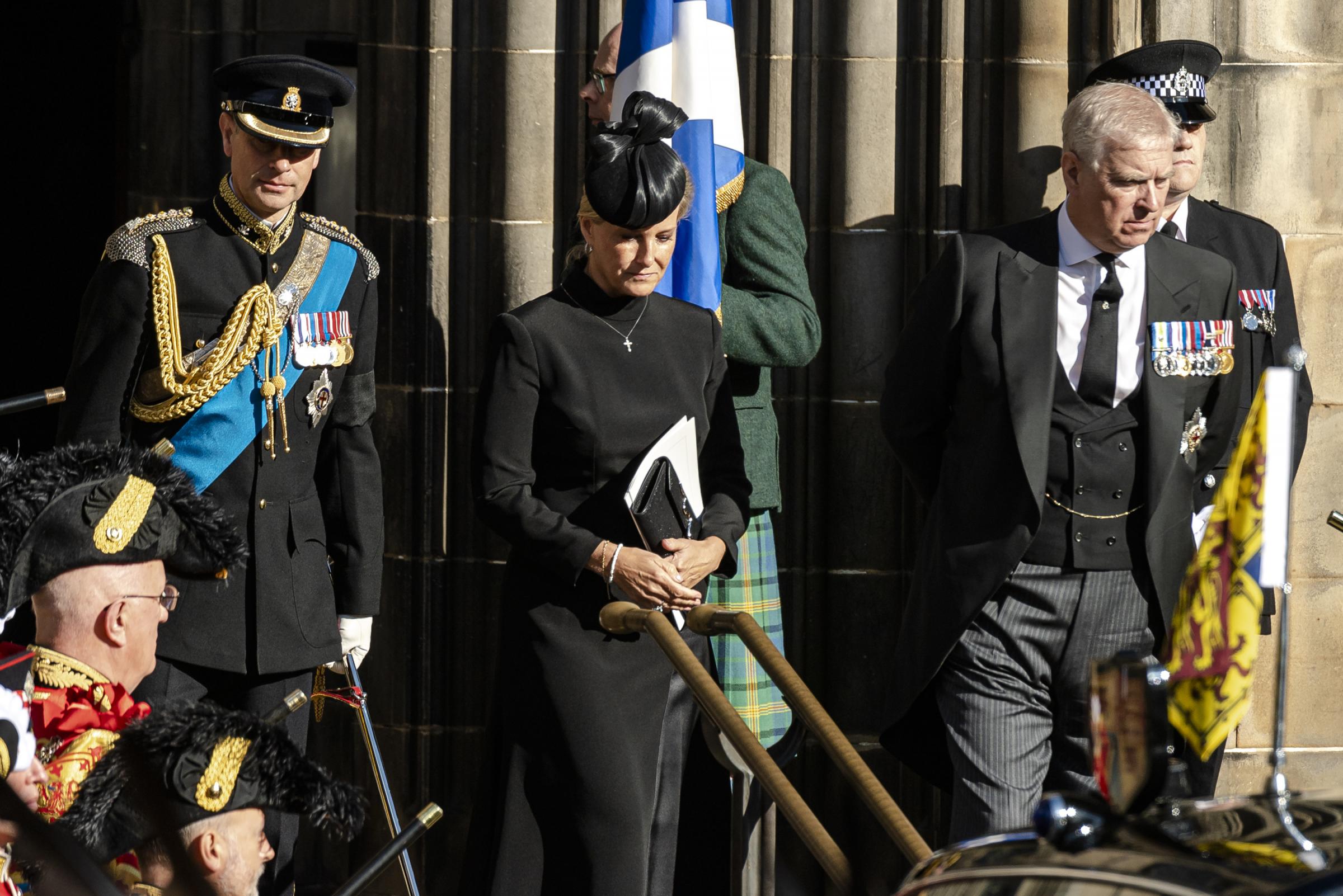 The Earl of Wessex, the Countess of Wessex and the Duke of York leave St Giles Cathedral after a Service of Prayer and Reflection for Queen Elizabeths life. Picture credit: Euan Cherry/Daily Mail/PA Wire.