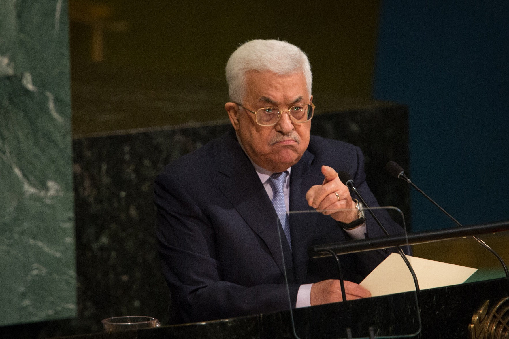 NEW YORK, NY - SEPTEMBER 20, 2017: The State of Palestines President Mahmoud Abbas speaks during the U.N. General Assembly at the United Nations on September 20, 2017 in New York, New York. (Photo by Kevin Hagen/Getty Images).