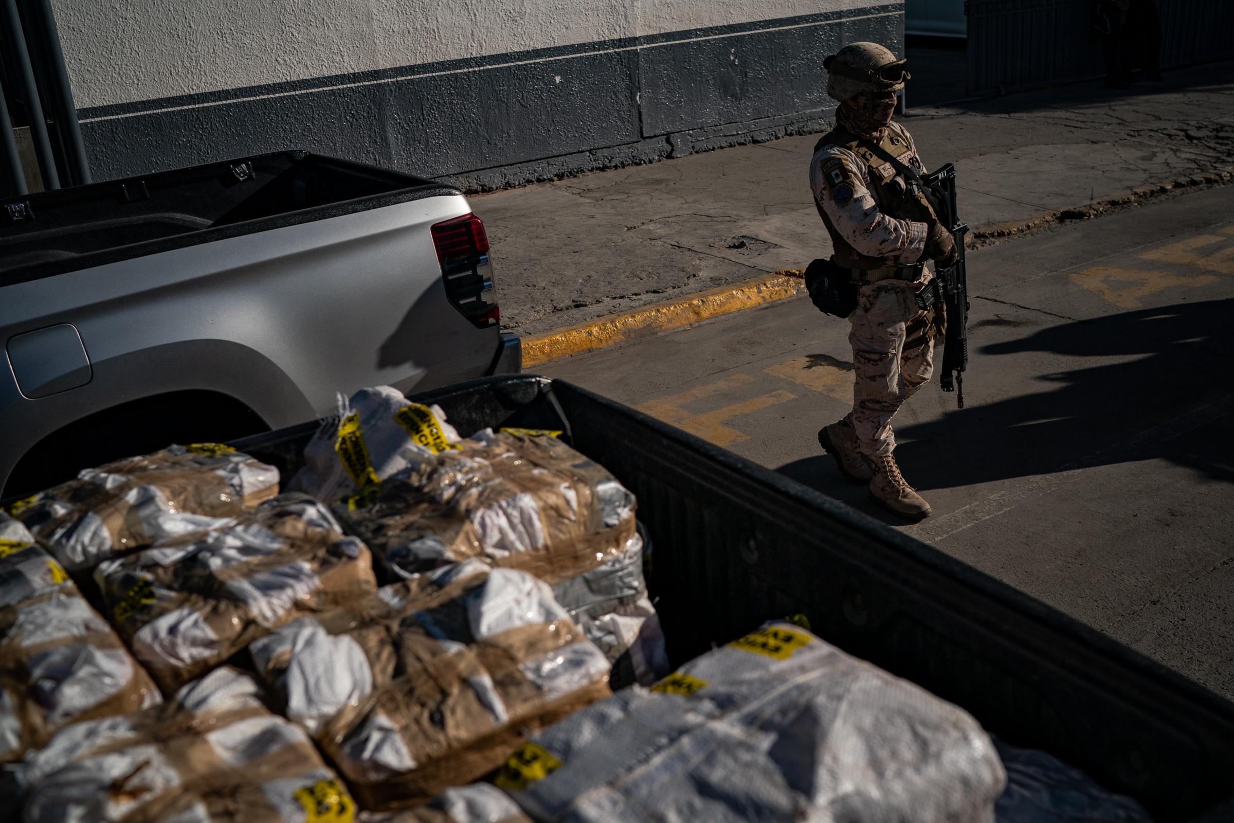 TIJUANA, MEXICO - OCTOBER 18: Hundreds of pounds of fentanyl and meth seized near Ensenada in October arrive for officials from Mexicos attorney generals office to be unloaded at their headquarter in Tijuana, Mexico, Tuesday, October 18, 2022. No one was
