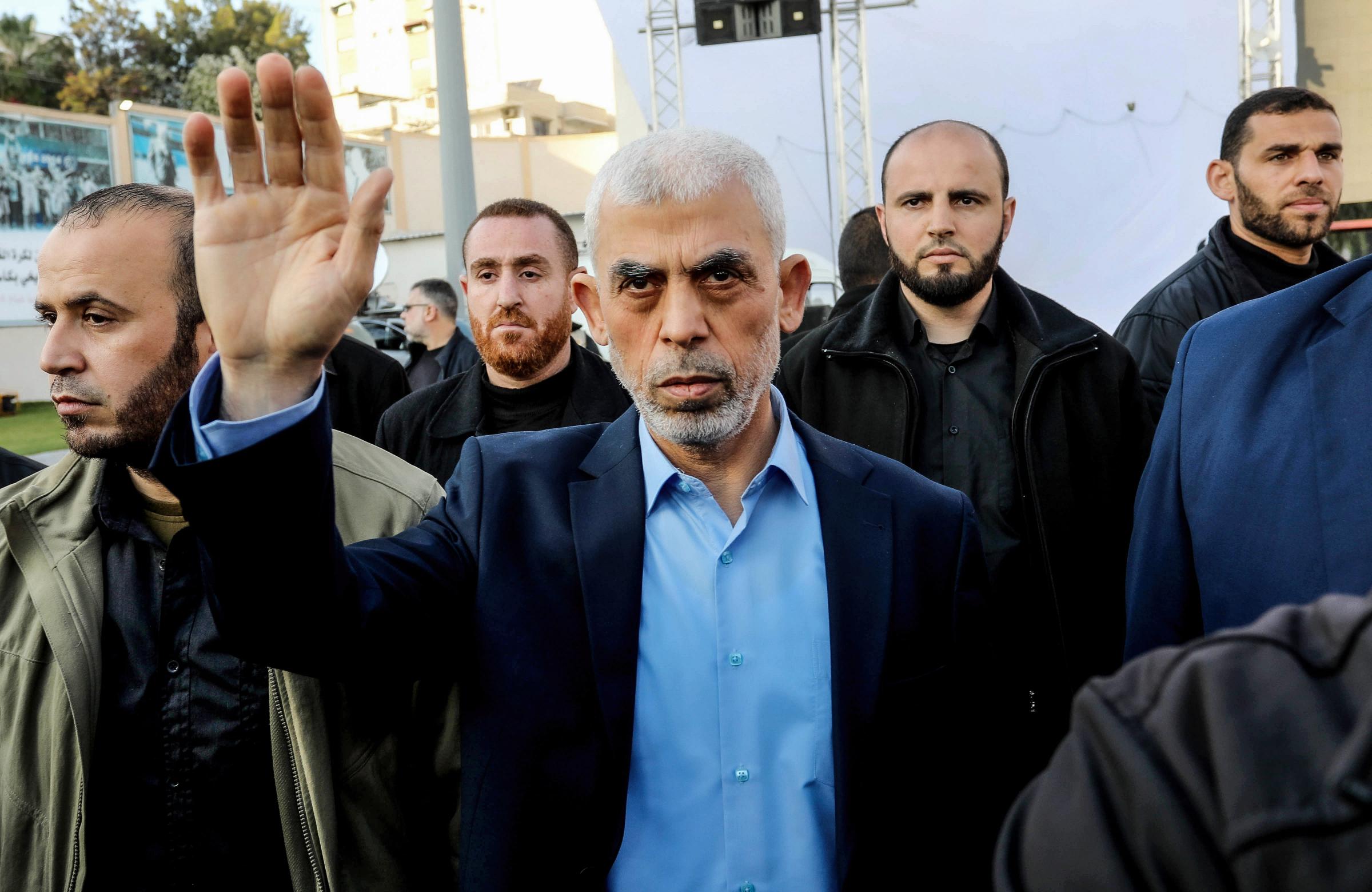 GAZA, PALESTINE - 2023/04/14: Yahya Sinwar, head of the Palestinian Islamic movement Hamas in the Gaza Strip, waves his hand to the crowd during the celebration of International Quds Day in Gaza City. The chief of the Palestinian Islamist Hamas movement