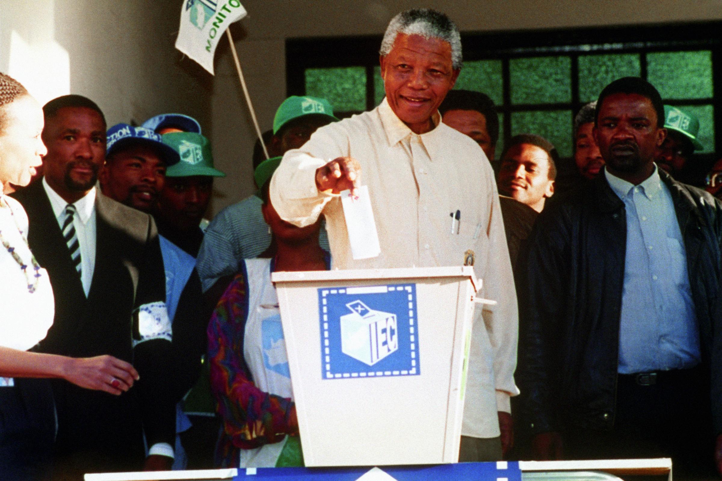 ANC President Nelson Mandela casts his vote in the black township of Oshlange, near Durban, in the first all race elections..
