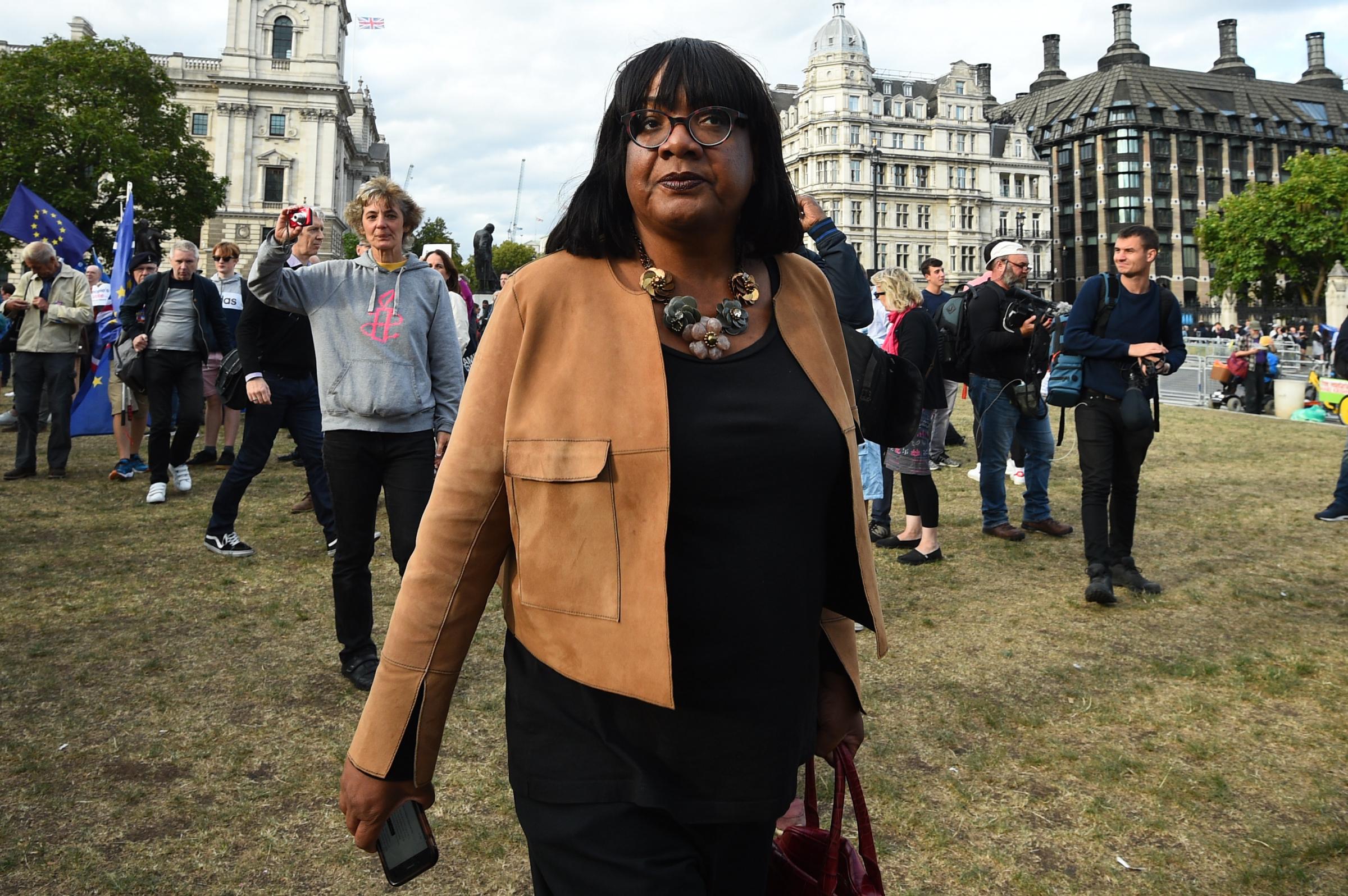 Diane Abbott outside the Houses of Parliament in London
