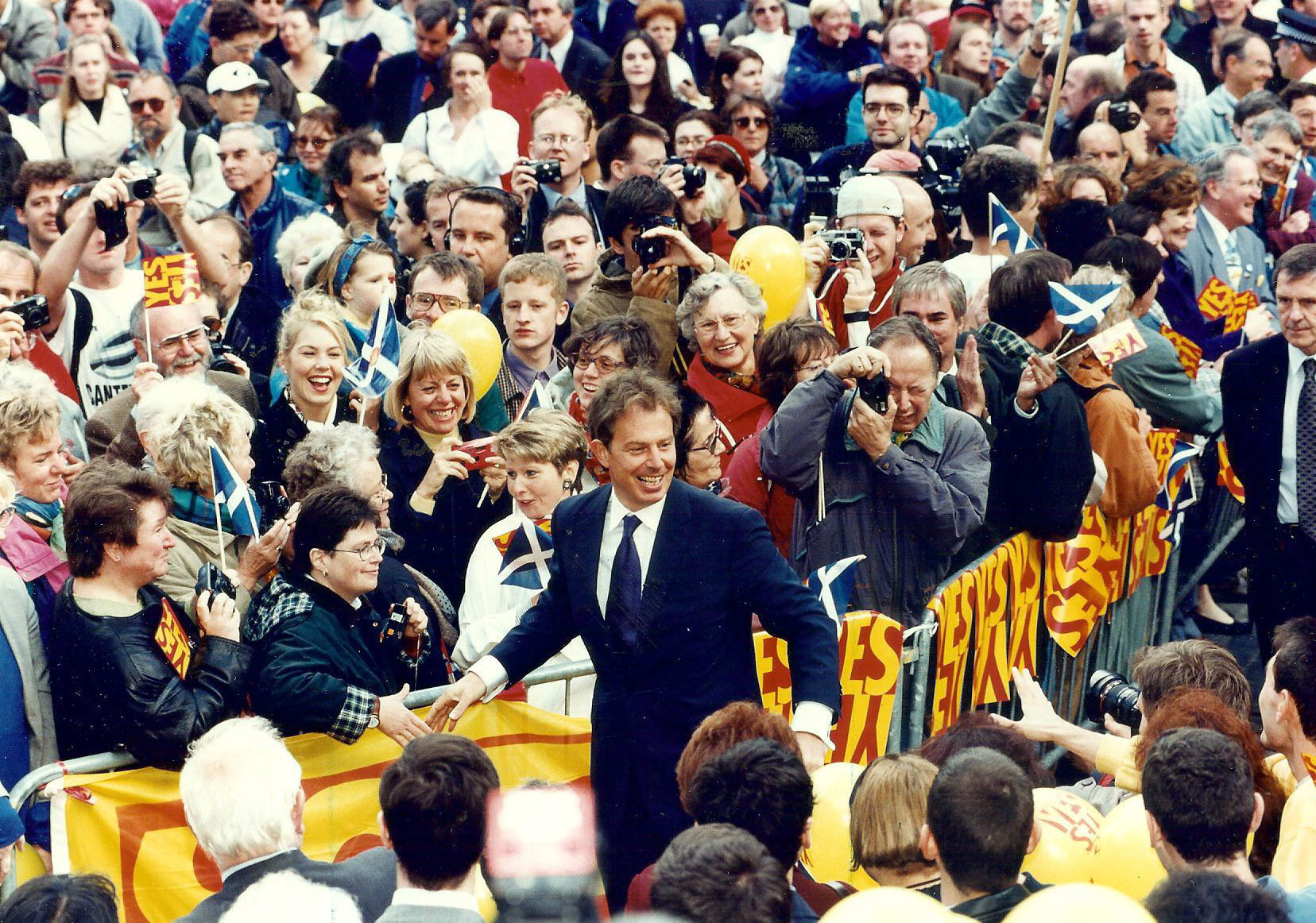 Prime minister Tony Blair walkabout in Edinburgh, 12th September 1997, the day after the Scottish Devolution referendum. Photograph by Gordon terris 