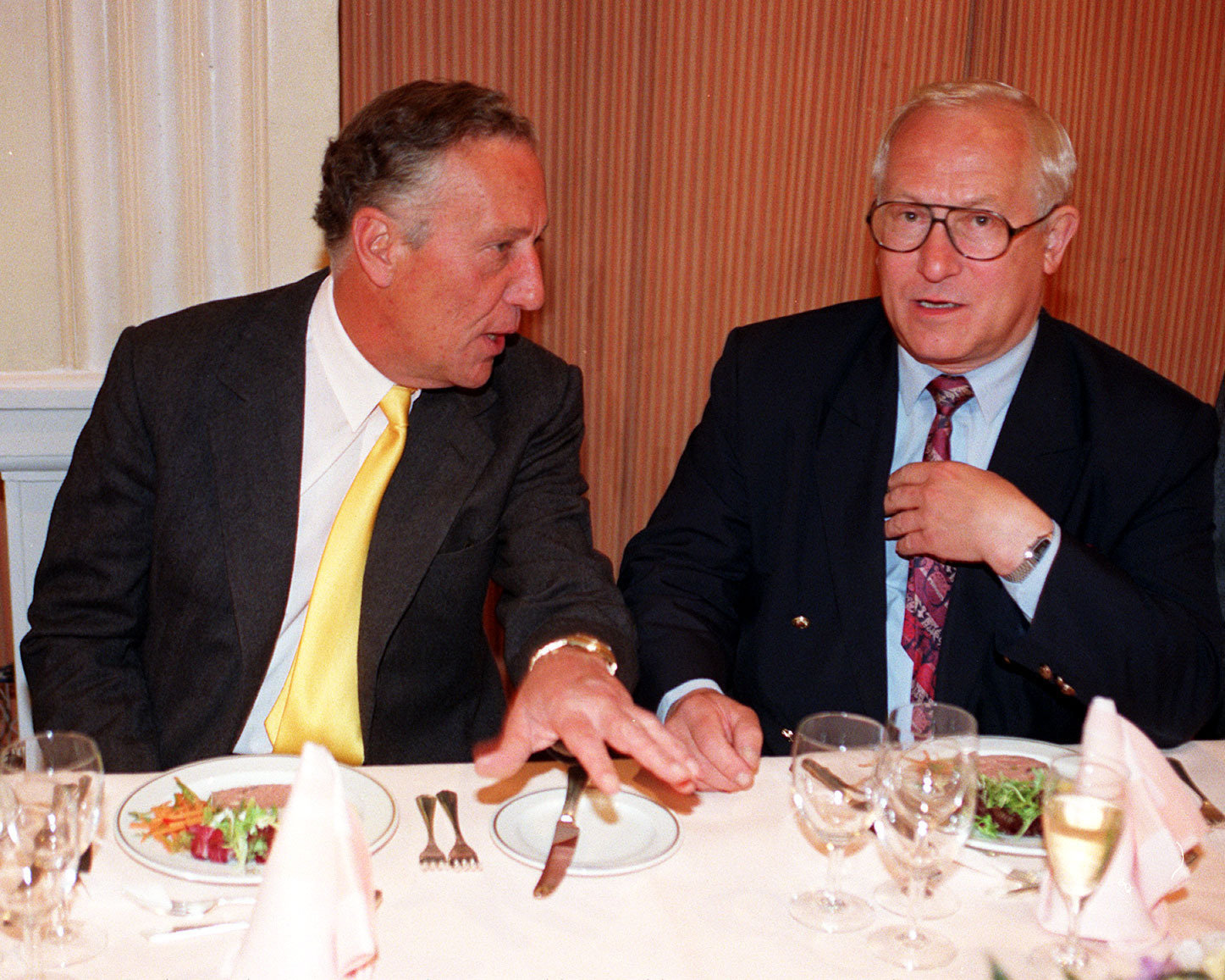 Author Frederick Forsyth (left) with Foyles luncheon chairman Oleg Gordievsky, at the Foyles Literary luncheon in honour of MR Forsyth, in London today (Weds). Photo by David Cheskin..