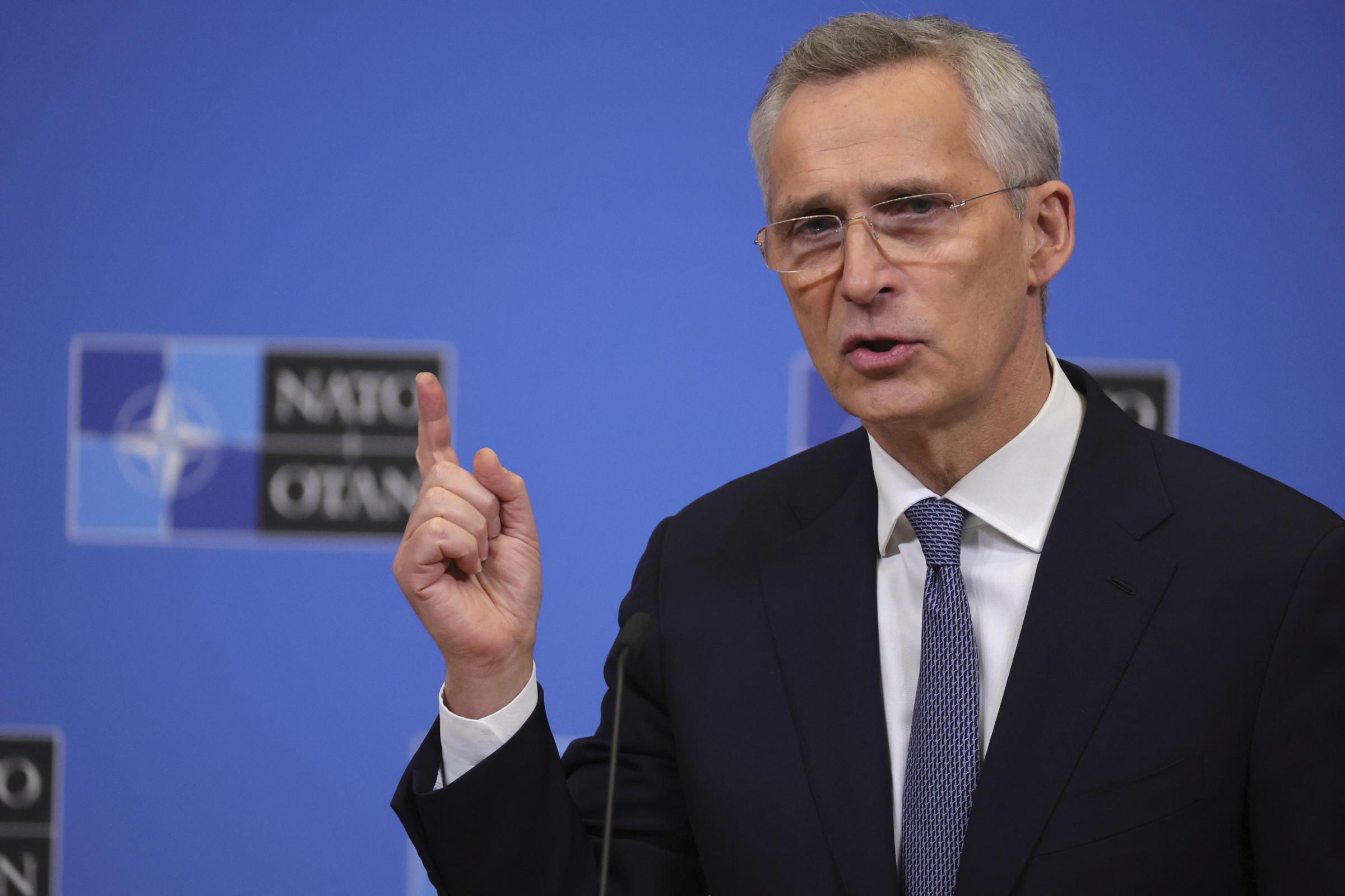 NATO Secretary-General Jens Stoltenberg speaks during a media conference ahead of a meeting of NATO defense ministers at NATO headquarters in Brussels, Monday, Feb. 13, 2023. (AP Photo/Olivier Matthys).