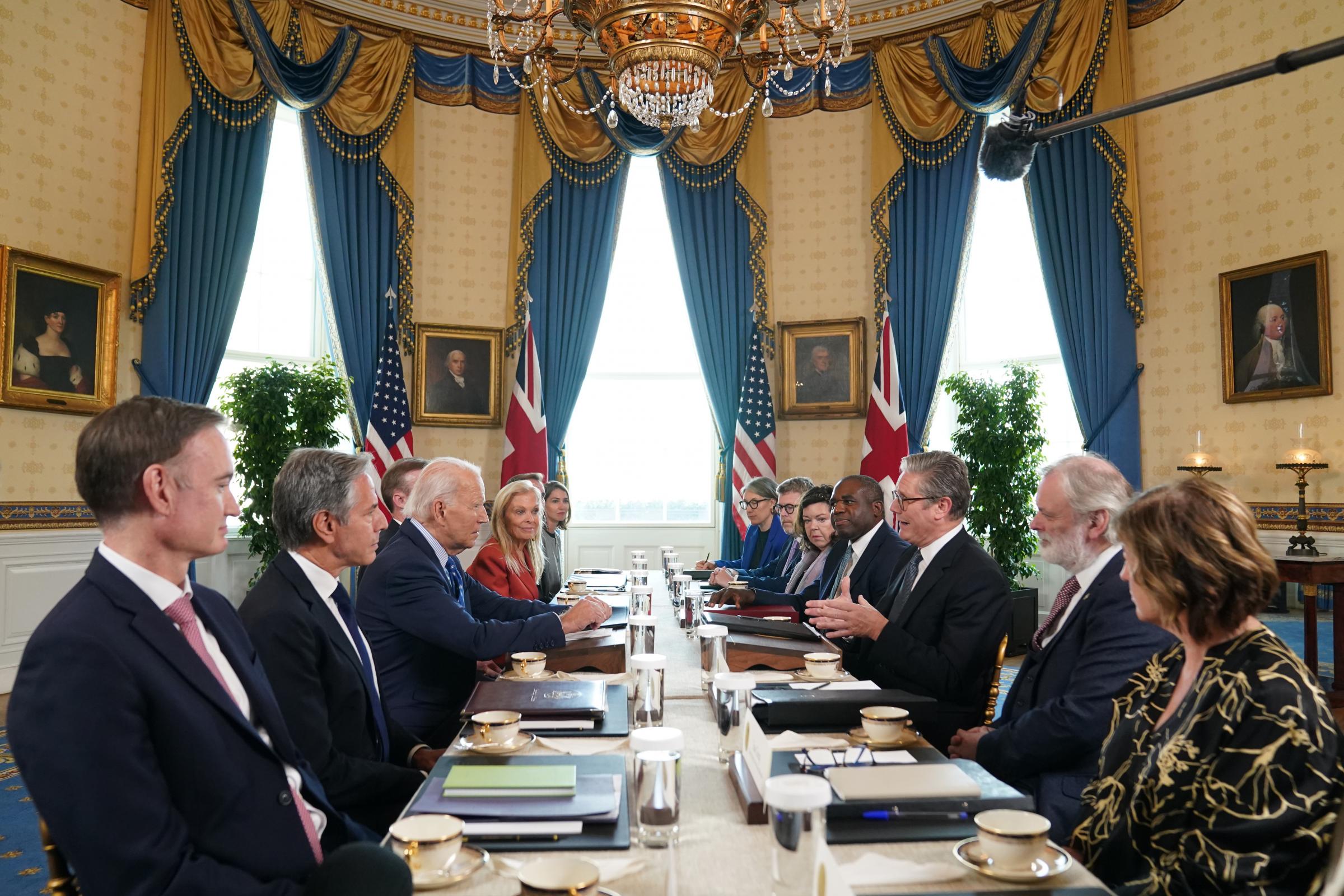 WASHINGTON, DC - SEPTEMBER 13: Prime Minister Sir Keir Starmer (centre right) and Foreign Secretary David Lammy during a meeting with US President Joe Biden (centre left) in the Blue Room at the White House on September 13, 2024 in Washington DC, United