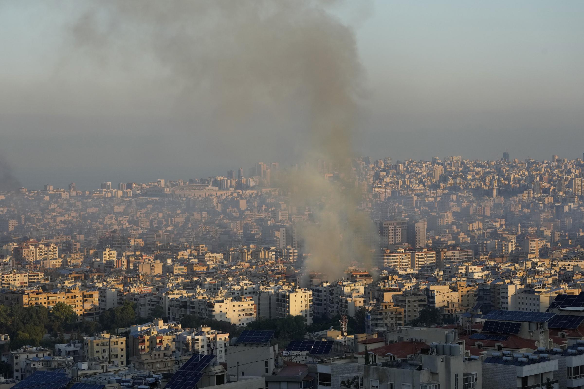 Smoke rises from an Israeli airstrike in the southern suburbs of Beirut, Lebanon, Saturday, Sept. 28, 2024. AP Photo/Hussein Malla) 