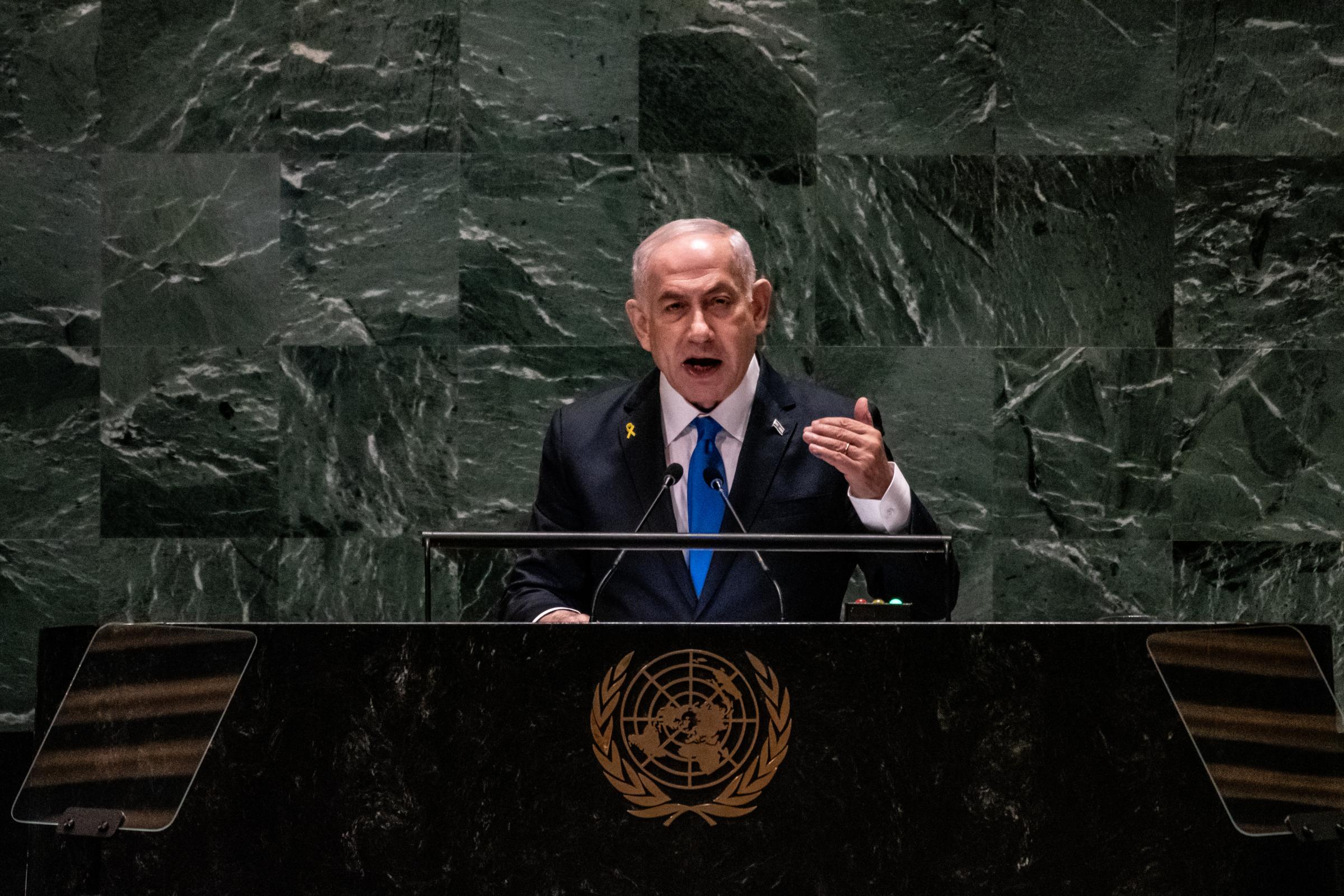 NEW YORK, NEW YORK - SEPTEMBER 27: Israeli Prime Minister Benjamin Netanyahu speaks during the United Nations General Assembly (UNGA) at the United Nations headquarters on September 27, 2024 in New York City. World leaders convened for the General