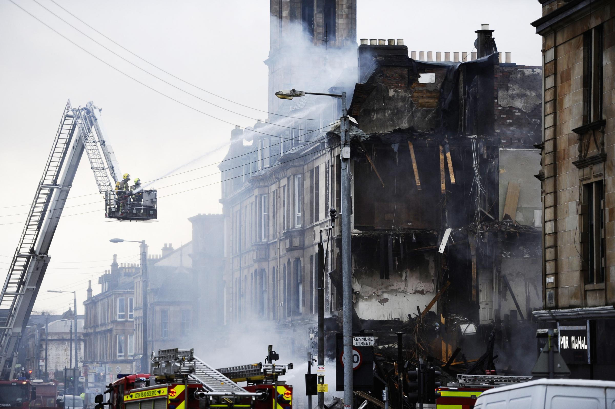 GLASGOW, SCOTLAND - NOVEMBER 11: a general view of a collapsed building following a fire in a tenement on the corner of Kenmure Street and Albert Drive in Pollokshields on November 11, 2019 in Glasgow, Scotland. (Photo by Jamie Simpson/Herald & Times) -