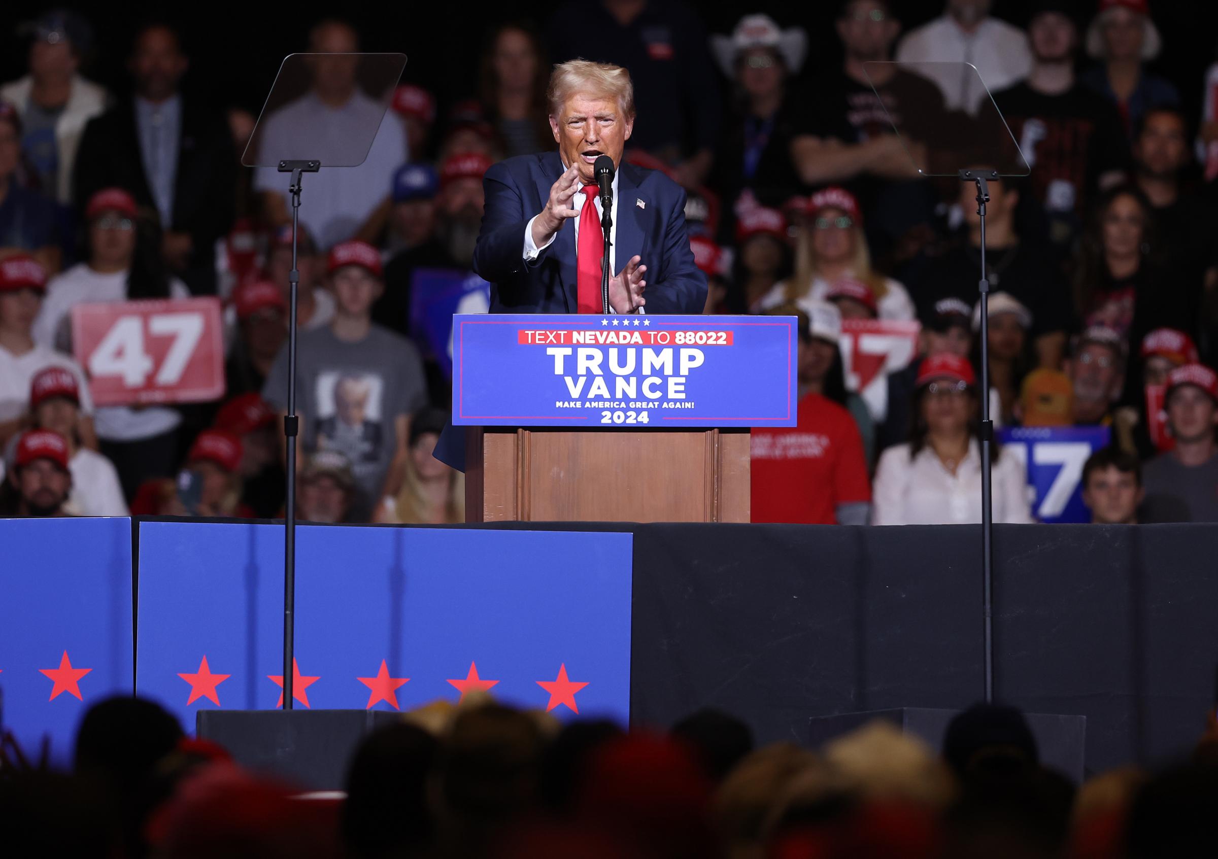 RENO, NEVADA - OCTOBER 11: Republican presidential nominee, former U.S. President Donald Trump, speaks during a campaign rally at the Grand Sierra Resort on October 11, 2024 in Reno, Nevada. With 25 days to go until election day, former President Donald