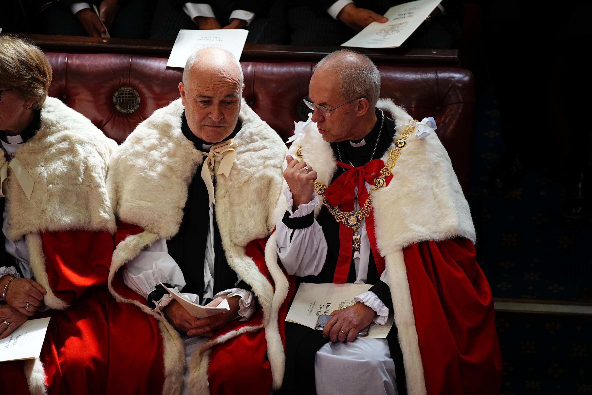 LONDON, ENGLAND - JULY 17: The Archbishop of Canterbury the Most Reverend Justin Welby (R) ahead of the State Opening of Parliament in chamber of the House of Lords at the Palace of Westminster on July 17, 2024 in London, England. King Charles III