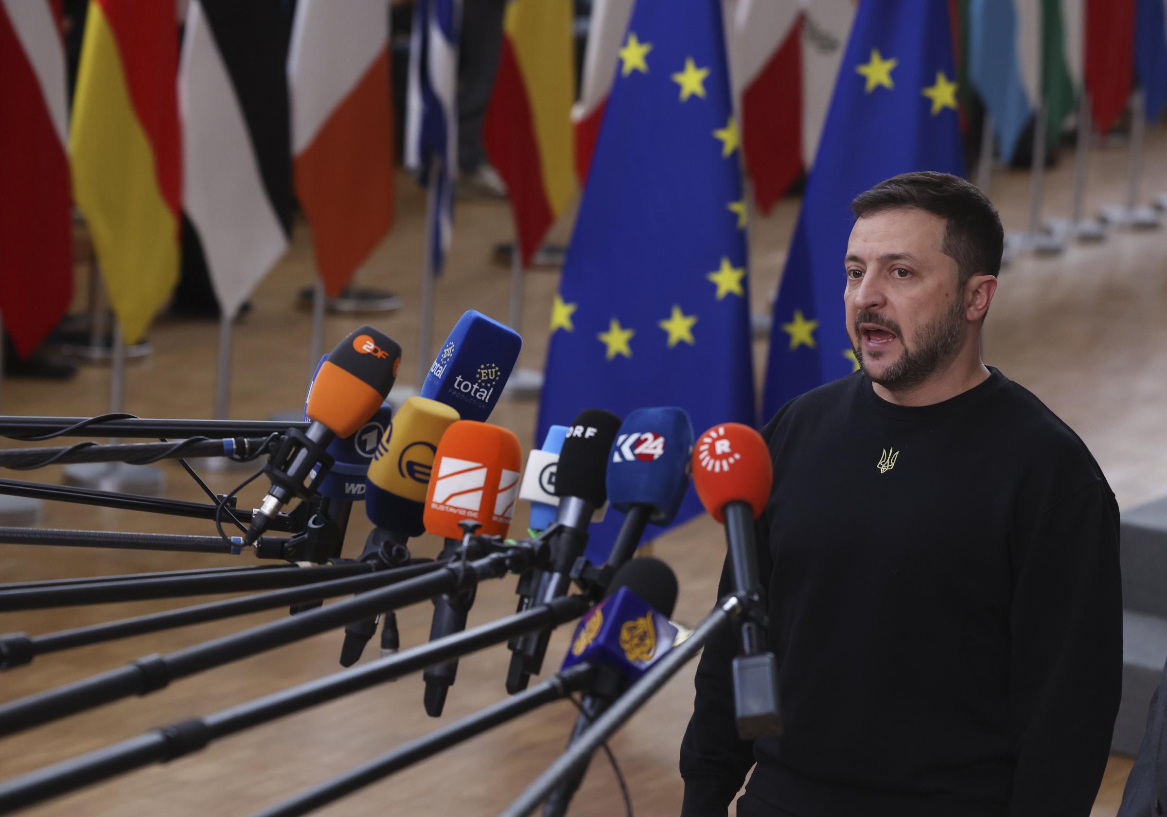 BRUSSELS, BELGIUM - OCTOBER 17: President of Ukraine Volodymyr Zelenskyy attends the European Council at Batiment Europa on October 17, 2024 in Brussels, Belgium. The European Council agenda includes topics ranging from Russias aggression against