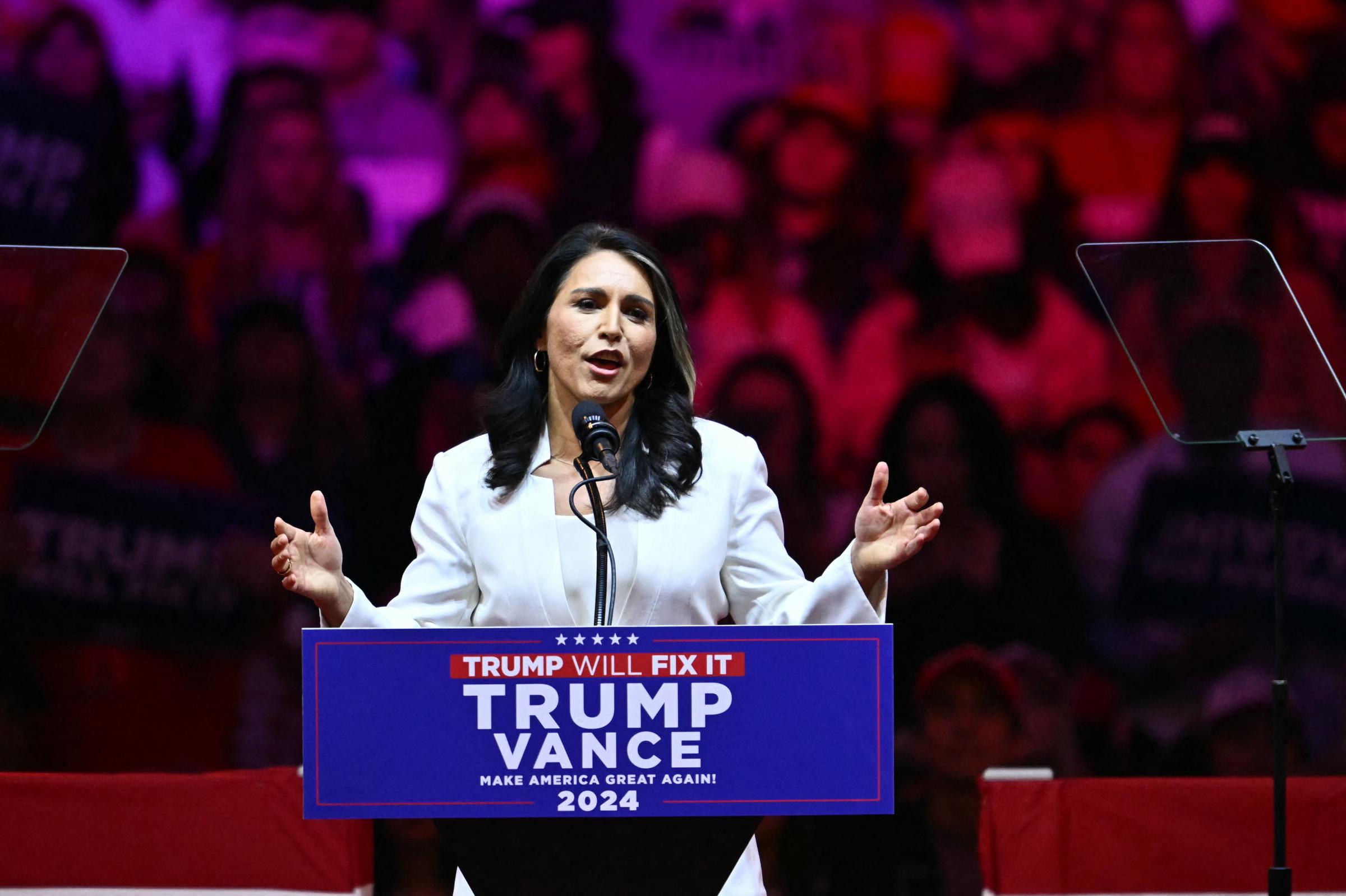 Former US Representative Tulsi Gabbard speaks during a campaign rally for former US President and Republican presidential candidate Donald Trump at Madison Square Garden in New York on October 27, 2024. (Photo by ANGELA WEISS / AFP) (Photo by ANGELA