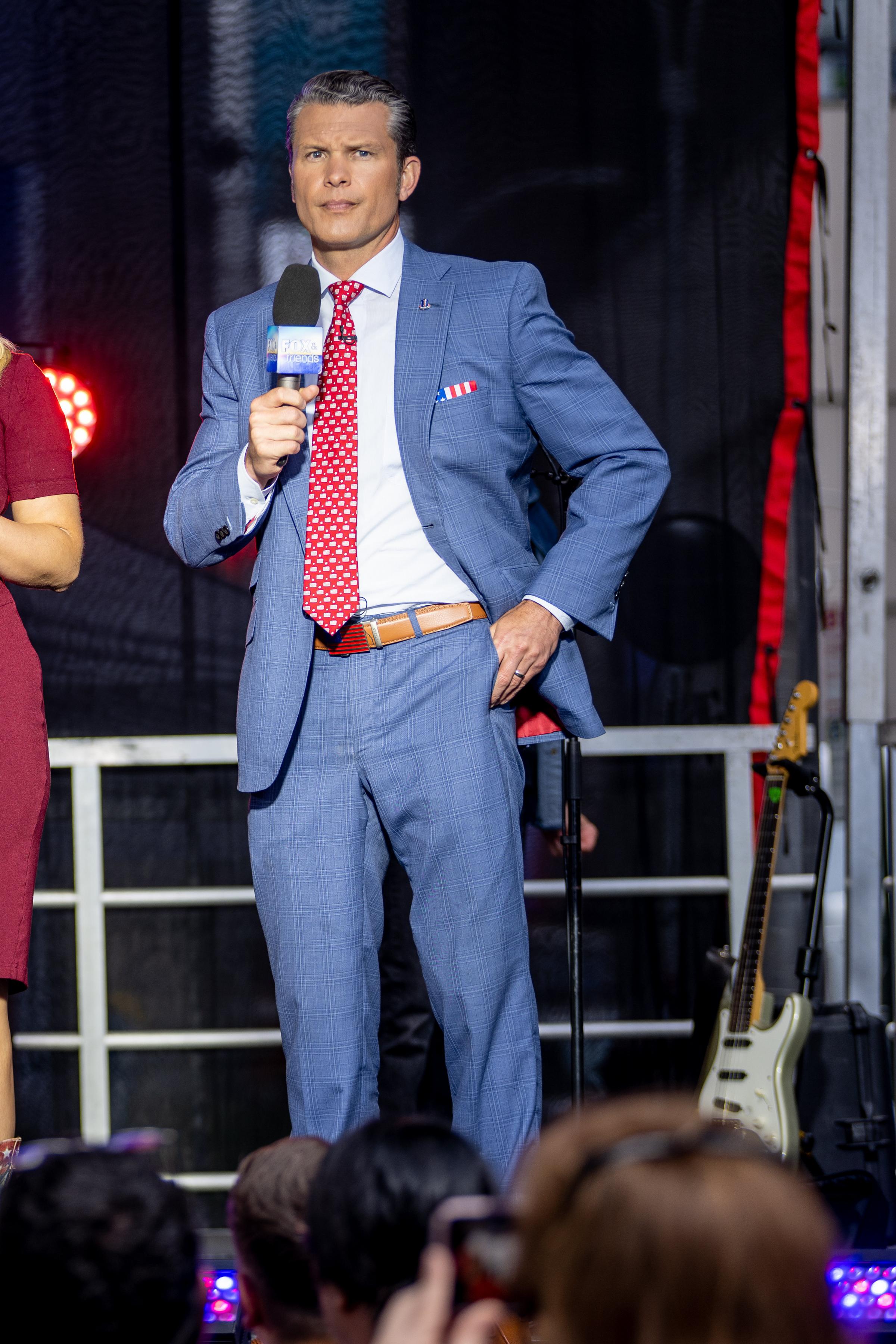 NEW YORK, NEW YORK - MAY 27: Host Pete Hegseth during FOX & Friends at Fox News Channel Studios on May 27, 2022 in New York City. (Photo by Roy Rochlin/Getty Images).