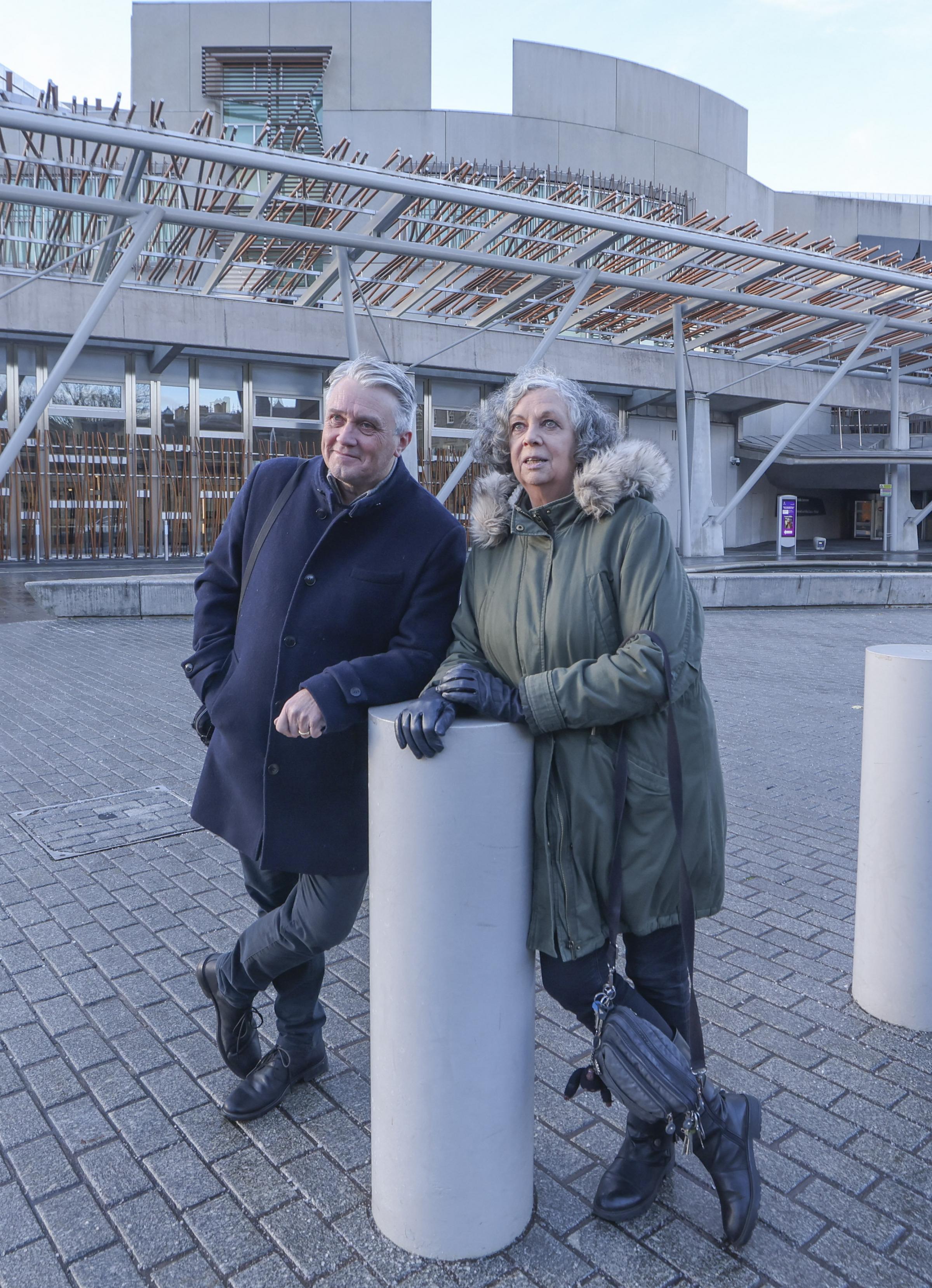 Primary School age campaigners Willie French and Sue Palmer at the Scottish Parliament where they hope to persuade MSPs to introduce a kindergarten style play-based educsttion for under-7s. STY NM Picture Gordon Terris Herald & Times 22/11/24