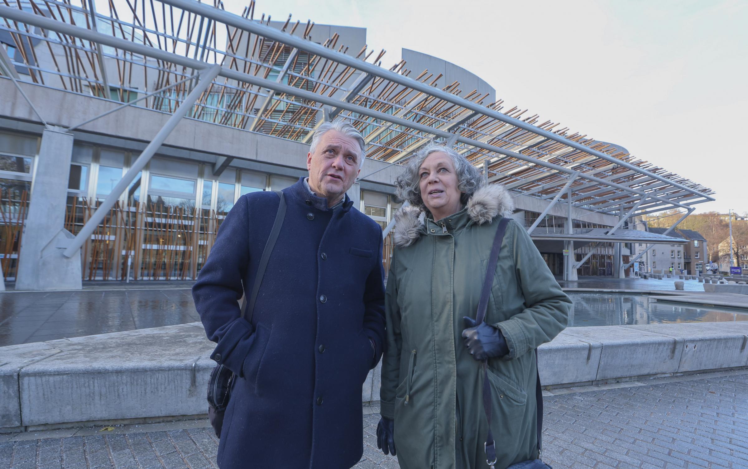 Primary School age campaigners Willie French and Sue Palmer at the Scottish Parliament where they hope to persuade MSPs to introduce a kindergarten style play-based educsttion for under-7s. STY NM Picture Gordon Terris Herald & Times 22/11/24