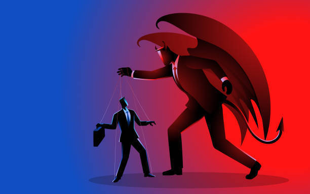 Devil as a puppeteer, controlling businessmen with strings, symbolizing manipulation by a greedy and corrupt capitalist corporation, corporate exploitation, unethical leadership, and workplace control