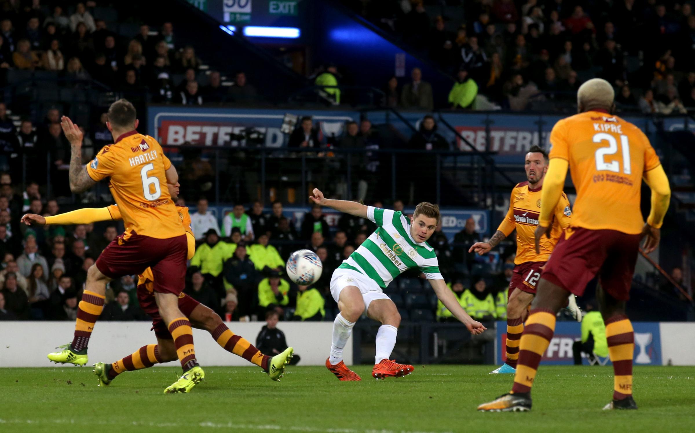 James Forrest equals Celtic legend Bobby Lennox’s record by scoring in three winning League Cup finals